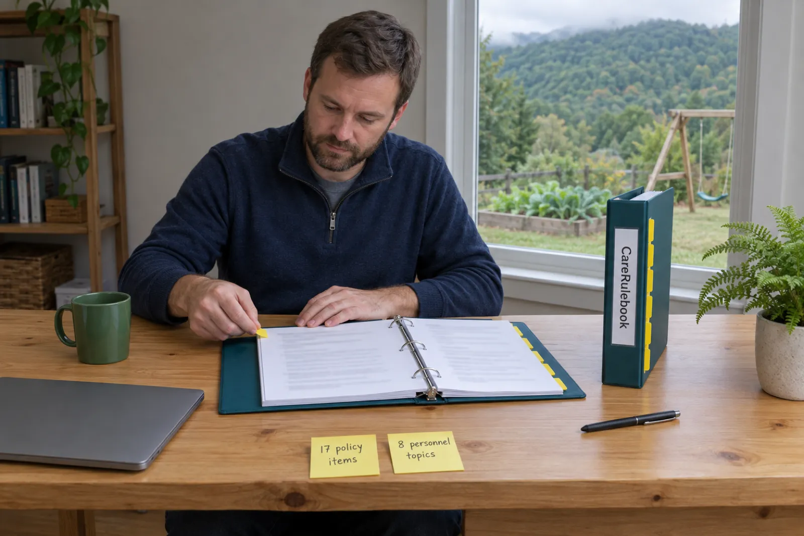 A bearded man in a navy quarter-zip presses a yellow index tab onto a page in an open teal binder at a pine desk, beside an upright CareRulebook binder, a green mug, a closed laptop and two sticky notes reading 17 policy items and 8 personnel topics, with a swing set, a vegetable bed and wooded hills outside the window