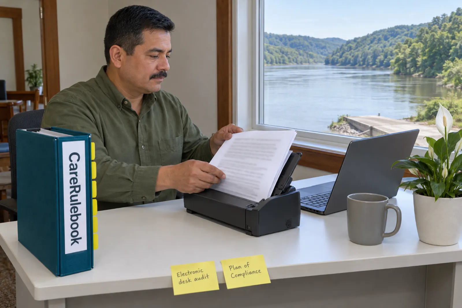 A man in an olive-green shirt feeds printed pages into a small desktop scanner beside a laptop, a CareRulebook binder and two sticky notes reading Electronic desk audit and Plan of Compliance, with a wide river and wooded ridges outside the window