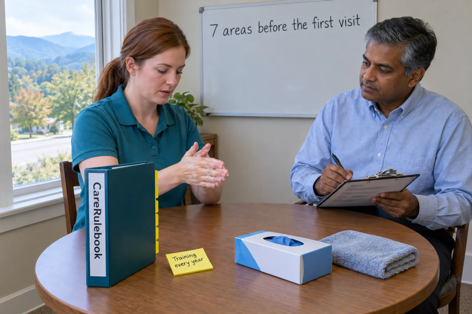A caregiver in a teal polo shirt practises hand washing at a round table while a man in a blue shirt ticks a clipboard, under a whiteboard reading 7 areas before the first visit, beside a CareRulebook binder, a box of gloves and a sticky note reading Training every year, with wooded mountain ridges outside the window