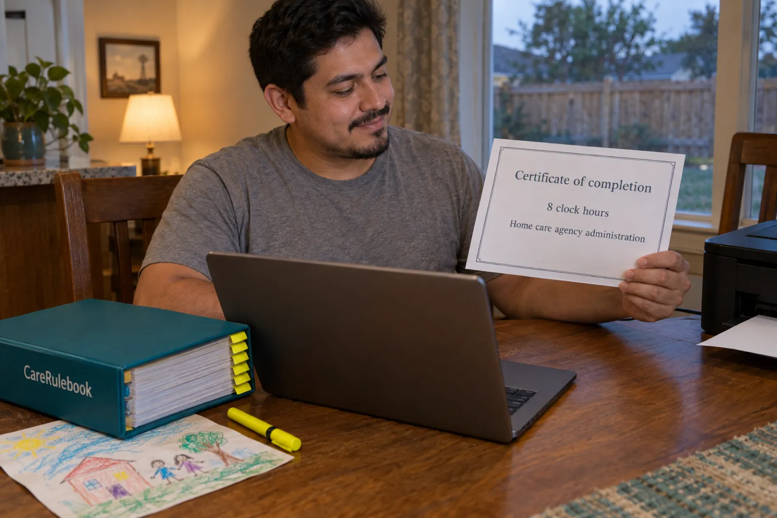 A new agency administrator at his kitchen table holding a certificate of completion for 8 clock hours of home care agency administration training