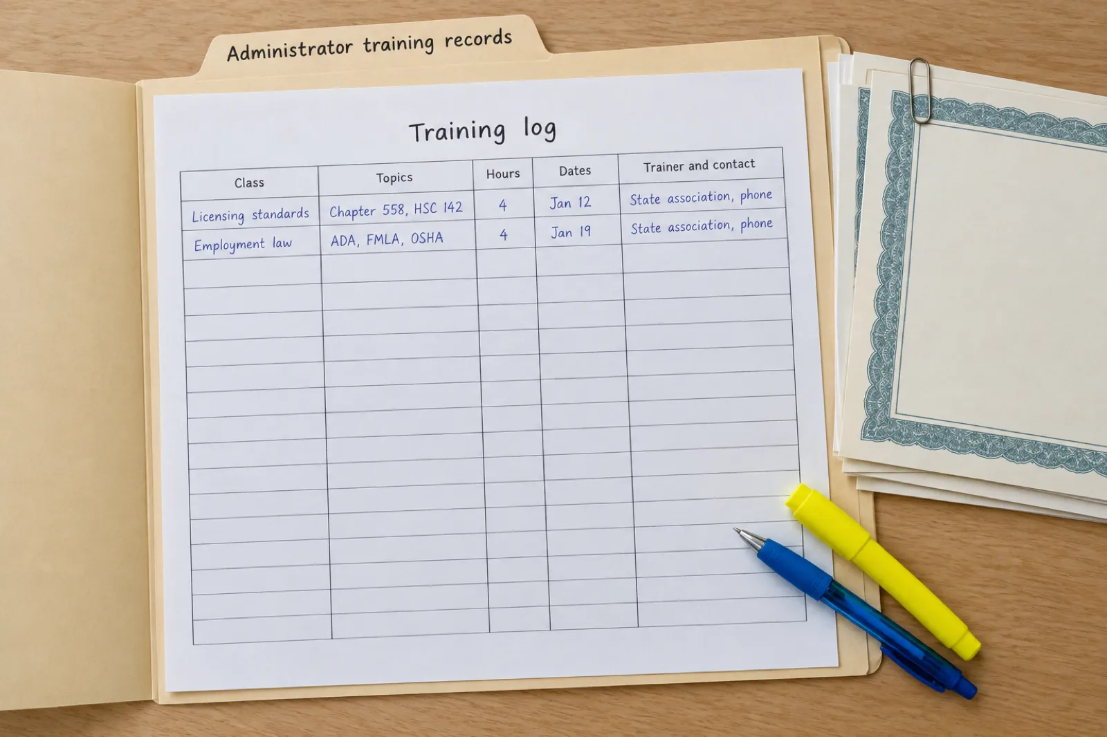 A folder labelled Administrator training records holding a training log with columns for class, topics, hours, dates and trainer contact, with two four-hour classes entered