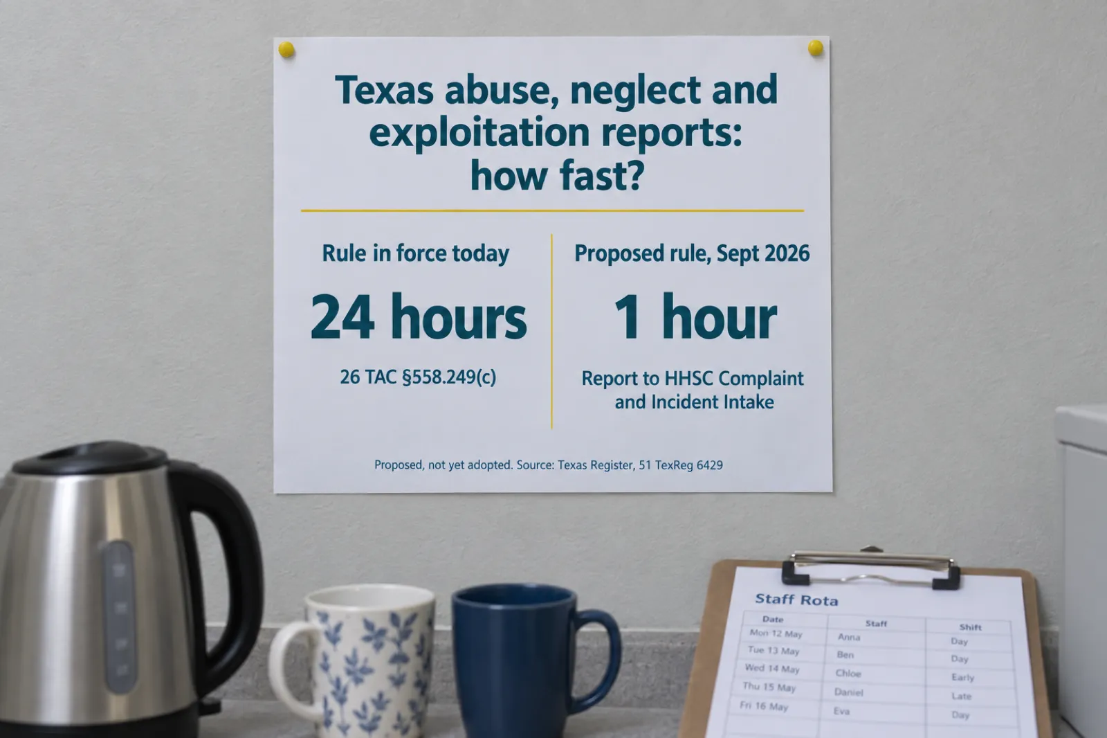 Poster comparing abuse reporting deadlines: 24 hours under the rule in force today, 1 hour under the proposed rule