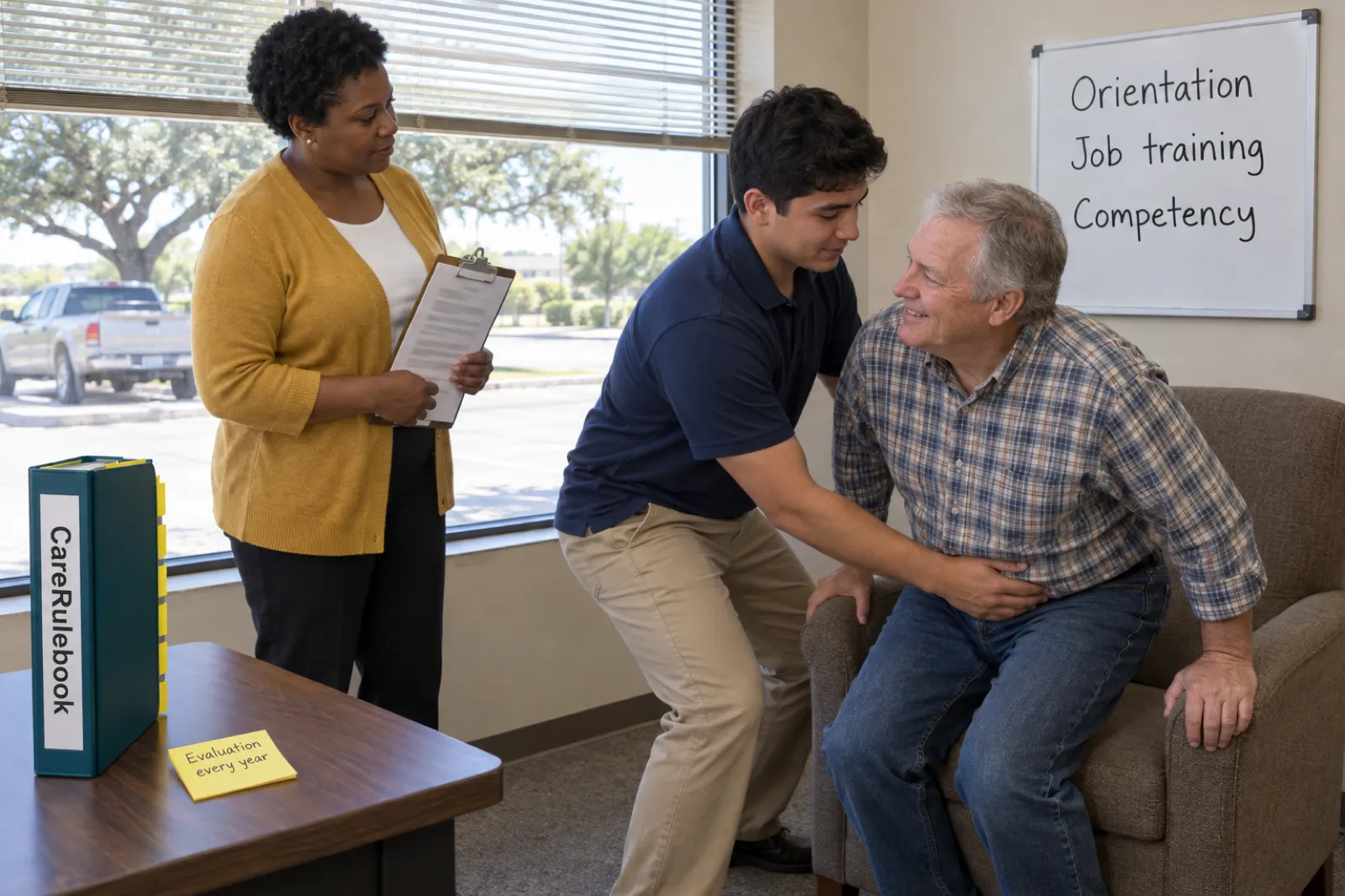 In a small Texas office suite, a supervisor in a mustard cardigan holds a clipboard and watches a young attendant in a navy polo shirt help a smiling older colleague rise from an armchair, under a whiteboard reading Orientation, Job training, Competency, beside a CareRulebook binder and a sticky note reading Evaluation every year