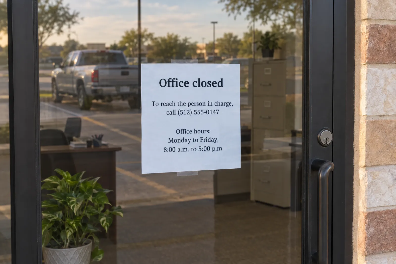 A locked agency door with a notice reading Office closed, with a phone number for the person in charge and office hours of 8 a.m. to 5 p.m. Monday to Friday
