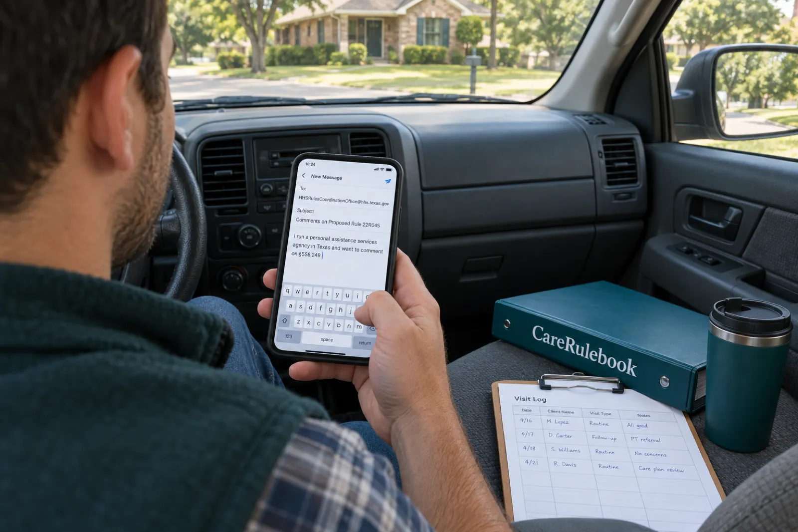 An agency owner in a parked truck drafts an email to HHSC with the subject line Comments on Proposed Rule 22R045