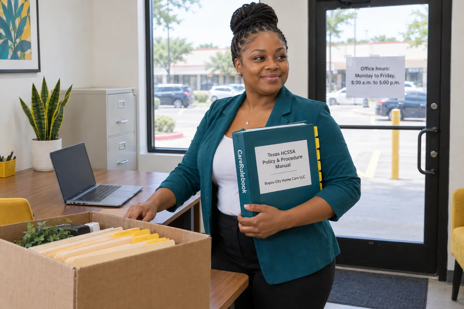 A new home care agency owner sets up her first office in Houston with a CareRulebook Texas policy manual and an operating hours notice on the door