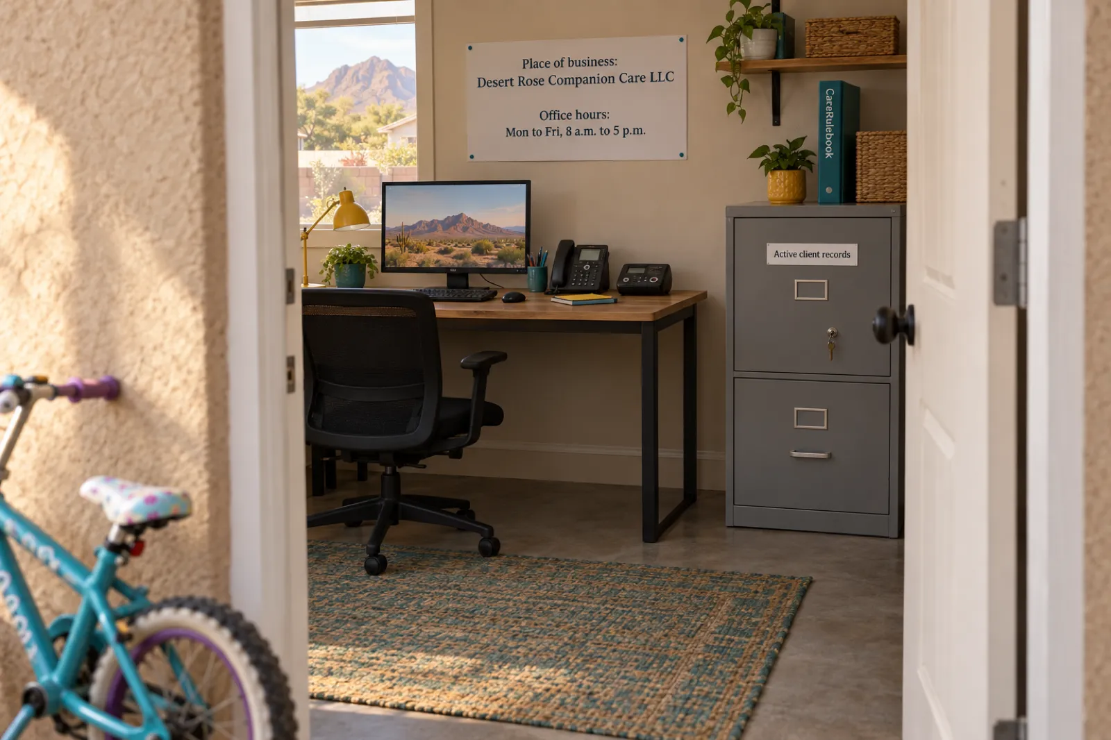 A converted spare room used as a Texas home care agency office, with a locked filing cabinet labelled Active client records and a sign with operating hours