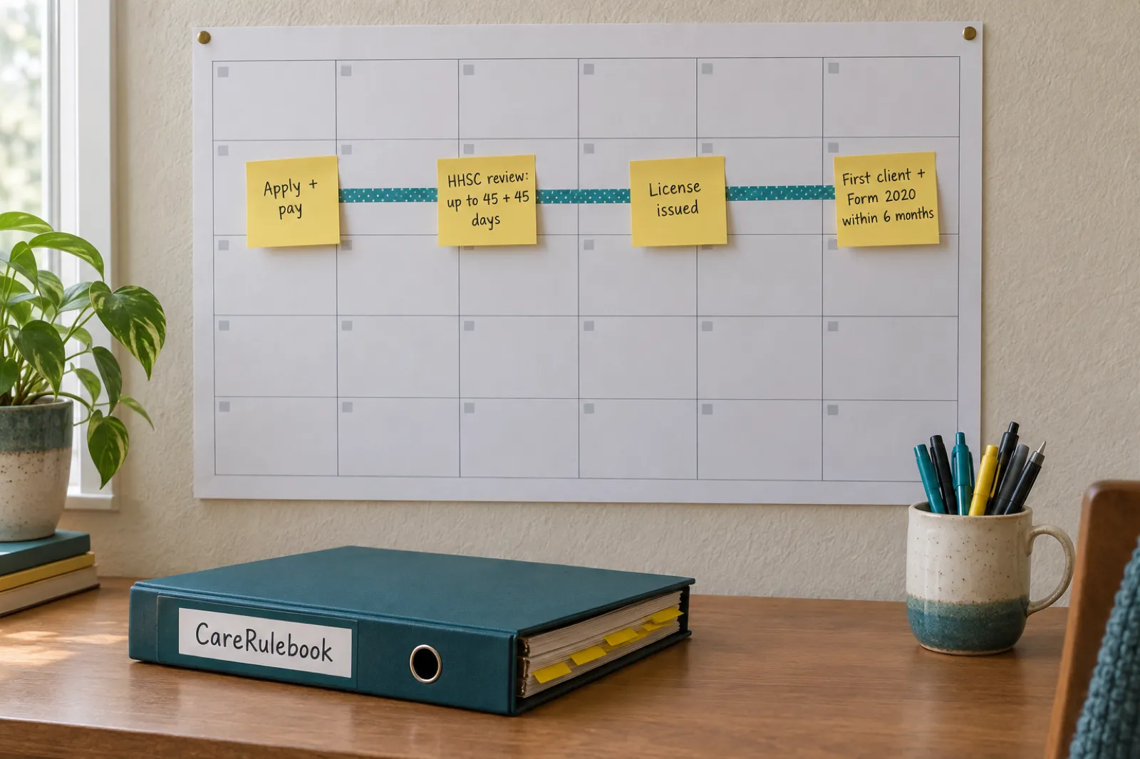 A wall planner with sticky notes reading apply and pay, HHSC review up to 45 plus 45 days, license issued, and first client plus Form 2020 within 6 months