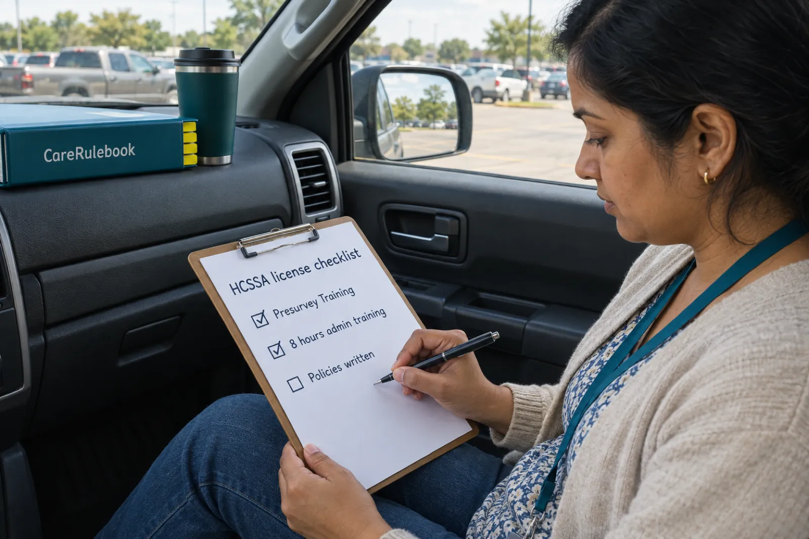 A home care founder in a parked truck ticking off an HCSSA license checklist on a clipboard: Presurvey Training and 8 hours admin training done, policies written next