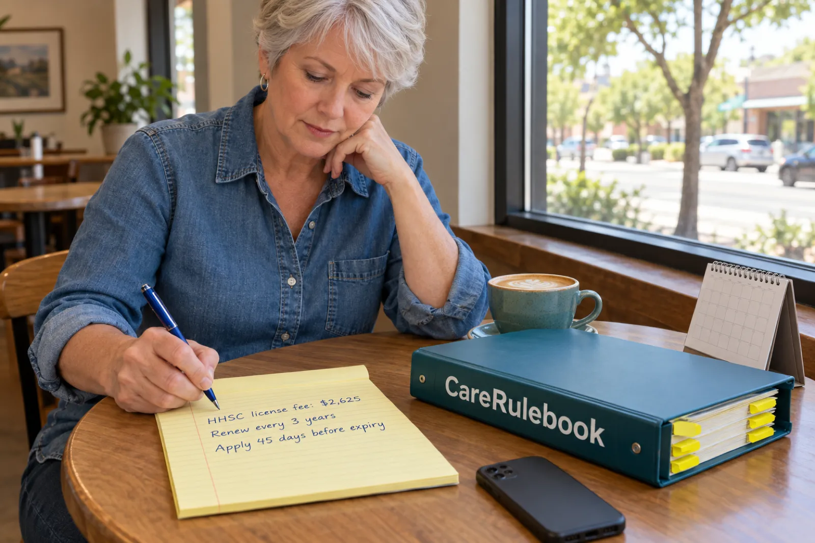 A woman planning her home care agency at a coffee shop table, with a legal pad reading HHSC license fee $2,625, renew every 3 years, apply 45 days before expiry