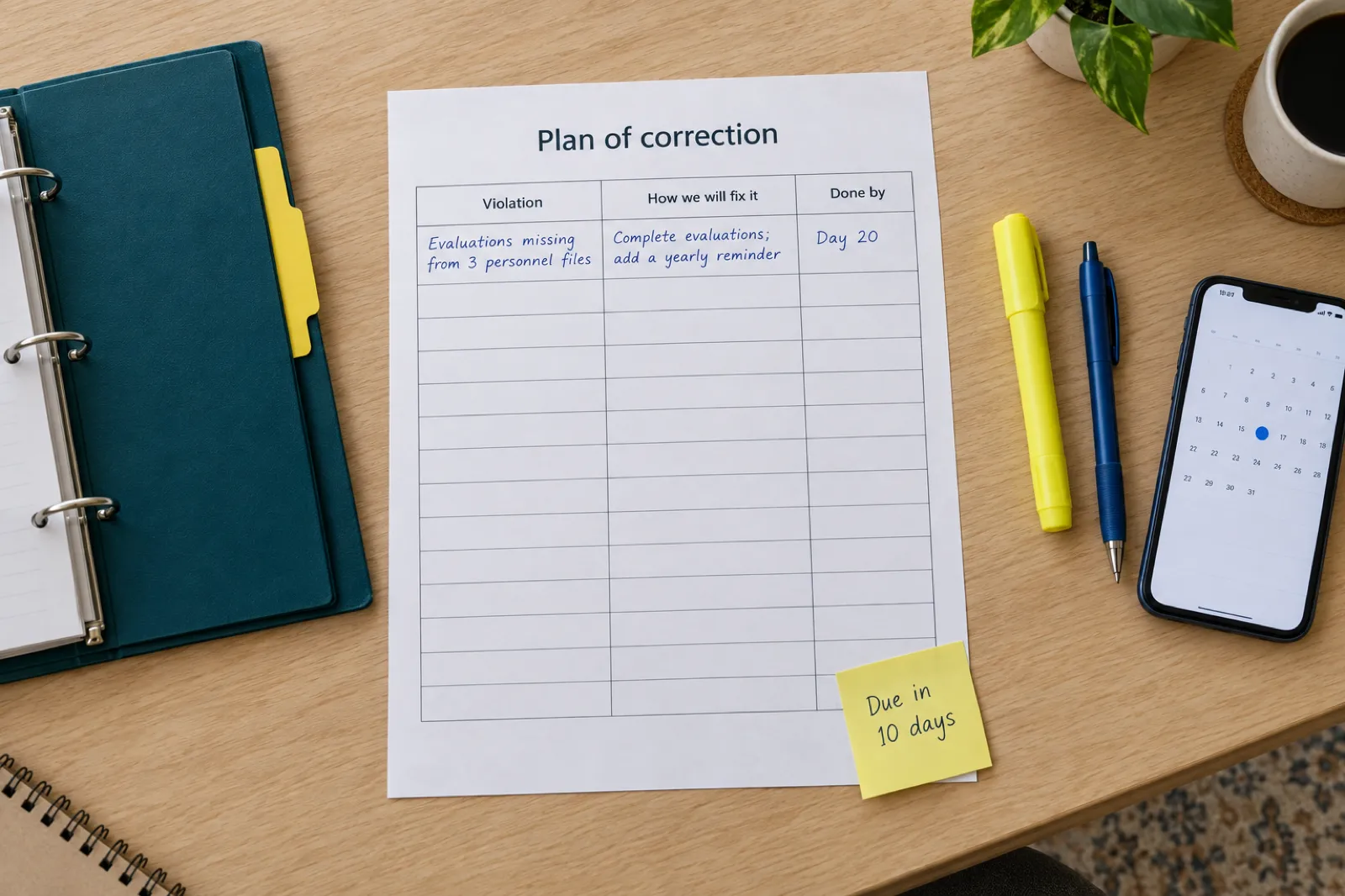 A printed plan of correction on a desk with one row filled in: evaluations missing from 3 personnel files, complete evaluations and add a yearly reminder, done by day 20, and a sticky note reading Due in 10 days
