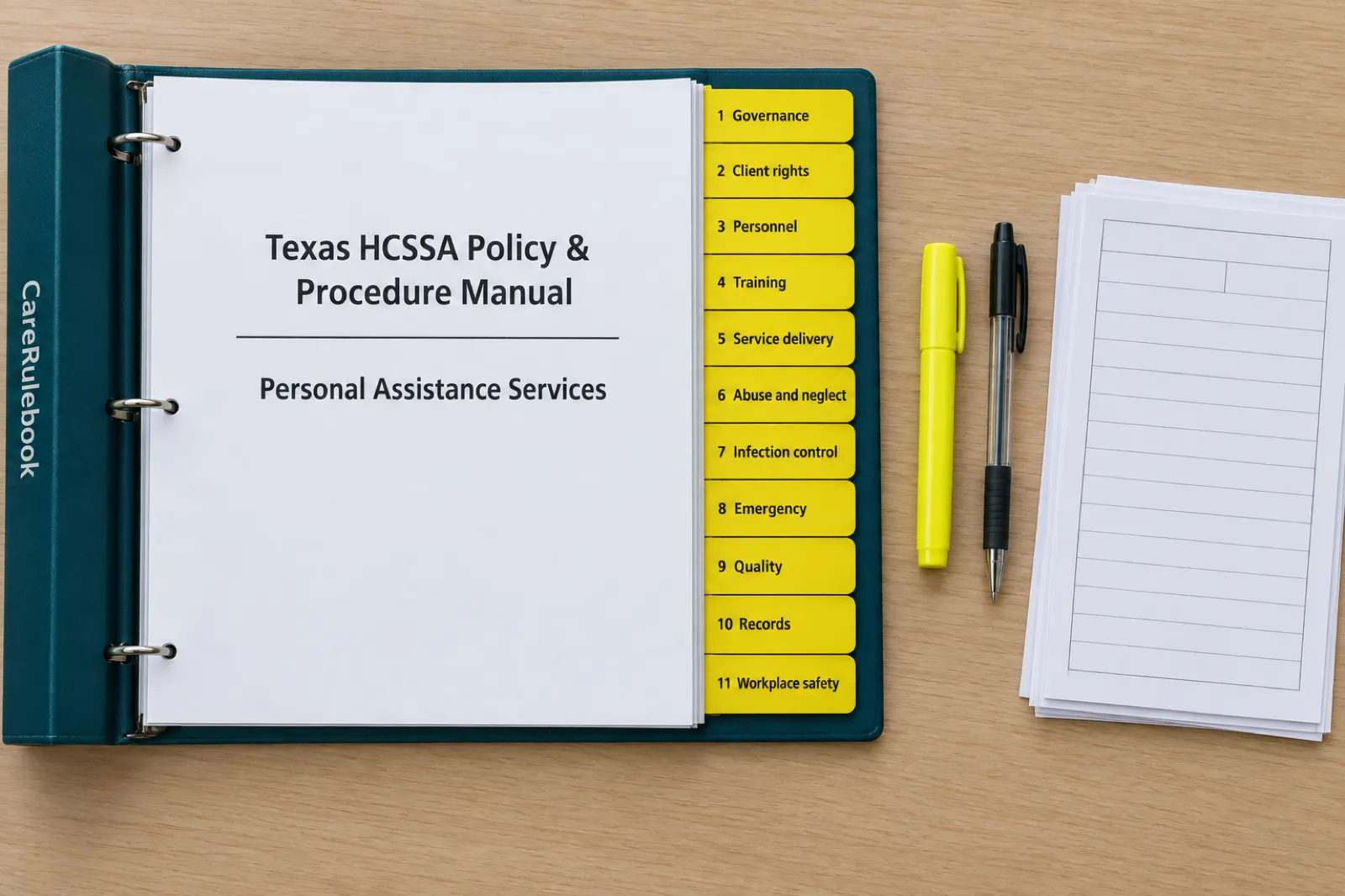 An open CareRulebook Texas policy manual with eleven yellow section tabs from Governance to Workplace safety