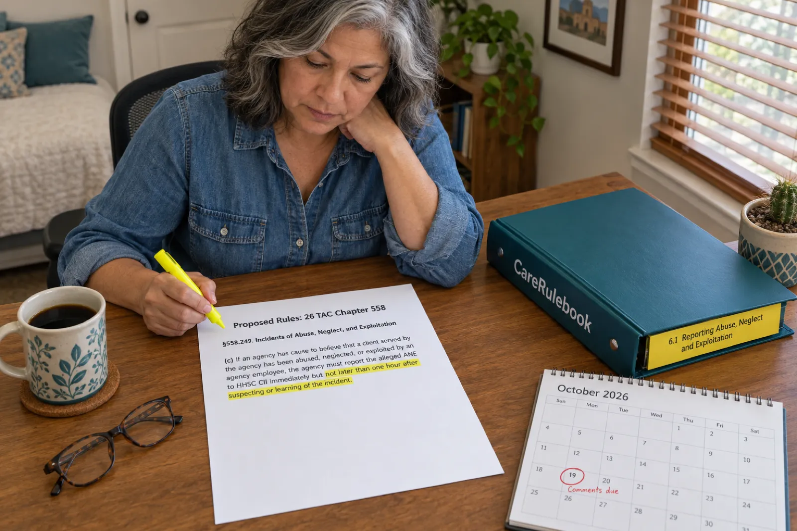 A home care agency owner highlights the proposed one-hour abuse reporting rule on a printed page, next to a CareRulebook binder and a calendar with October 19 circled