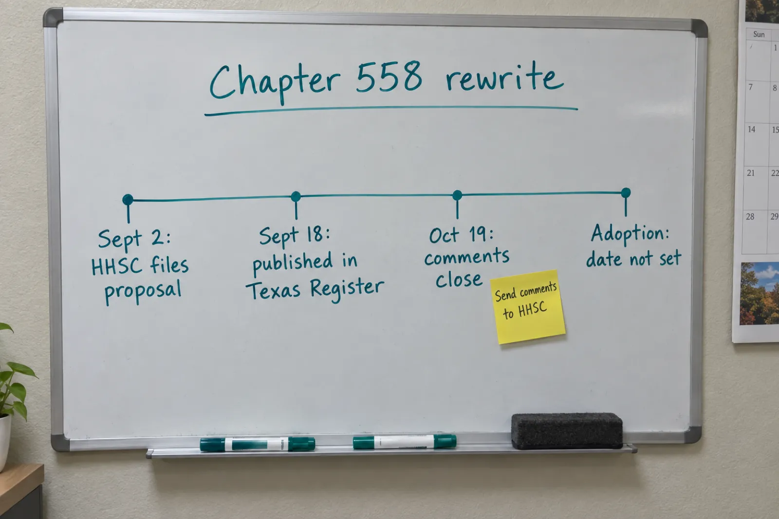 Whiteboard timeline of the Chapter 558 rewrite: filed September 2, published September 18, comments close October 19, adoption date not set