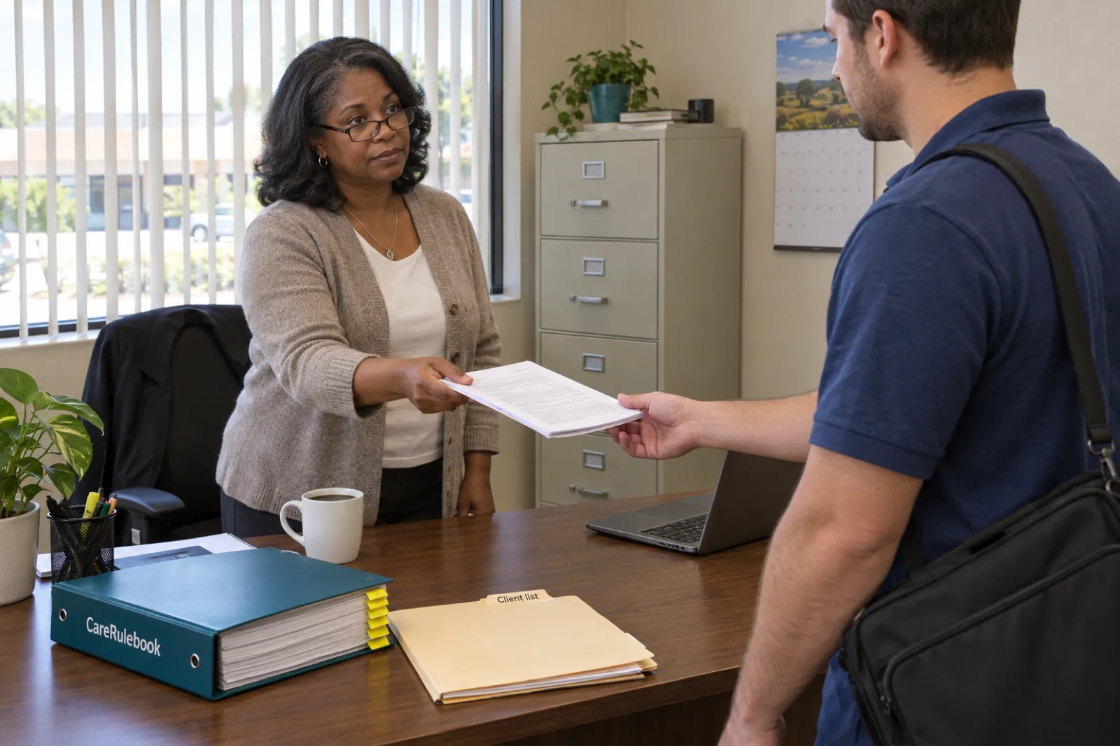 A home care agency administrator handing papers to a state surveyor at the start of an unannounced visit, with the agency policy binder and a client list folder on the desk