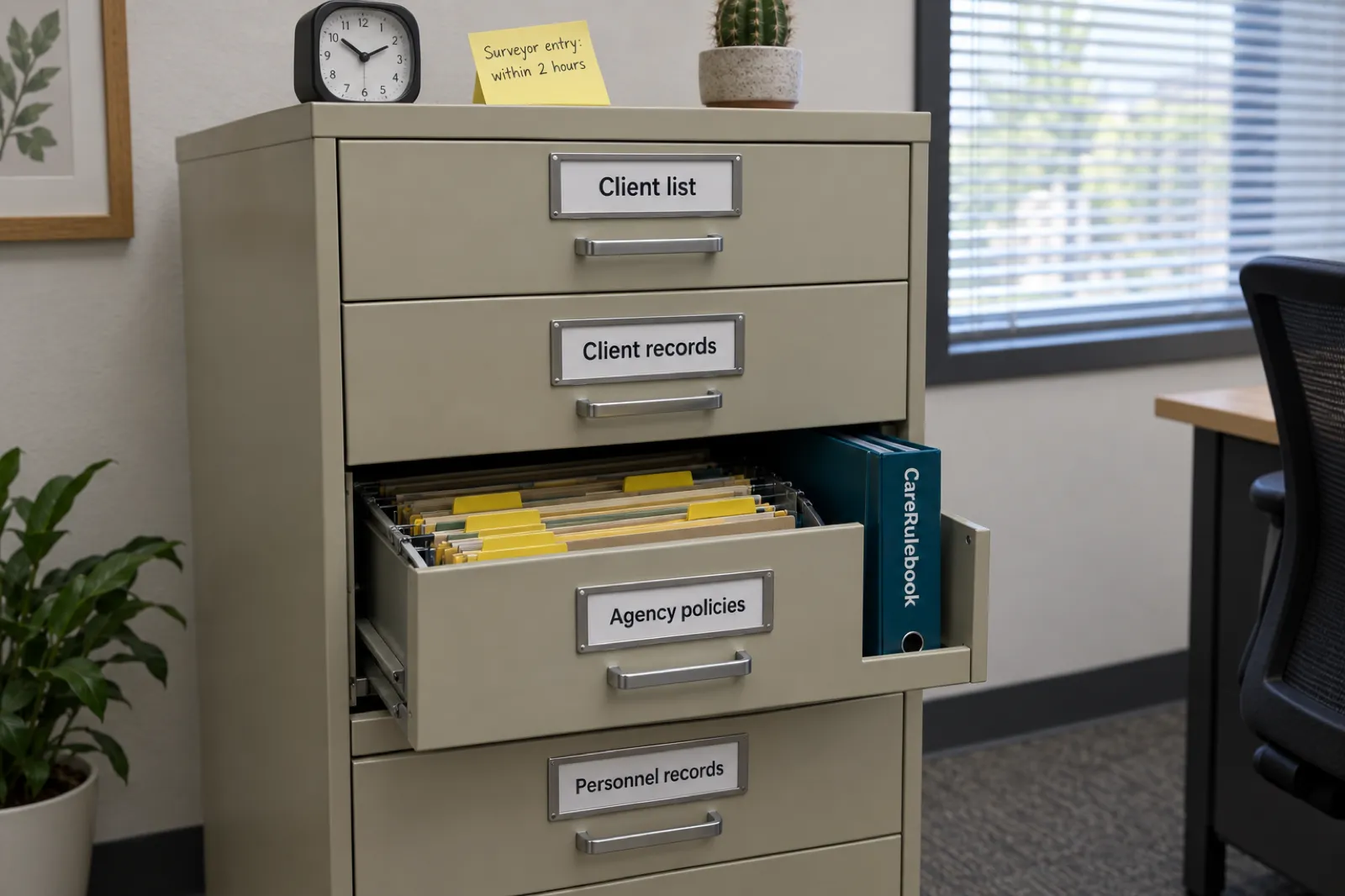 An office filing cabinet with four drawers labelled Client list, Client records, Agency policies and Personnel records, with a surveyor entry reminder on the wall