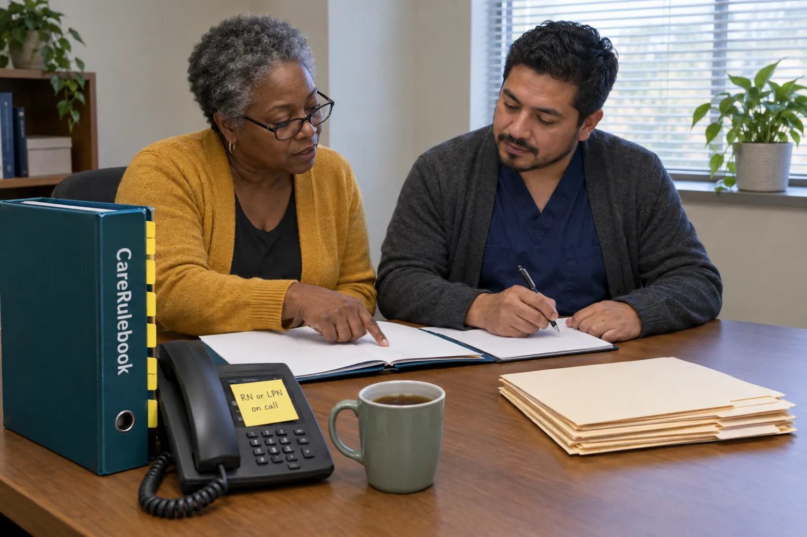A home care administrator and the organization’s registered nurse review a folder together at an office table, beside a CareRulebook binder and a desk phone with a sticky note reading RN or LPN on call