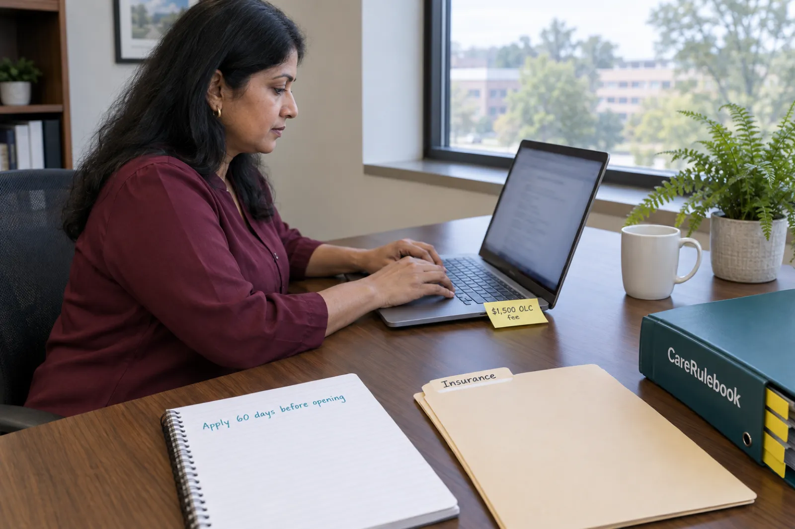 A founder applies for a Virginia home care license on a laptop beside a notepad reading Apply 60 days before opening, a sticky note reading $1,500 OLC fee and a folder labelled Insurance