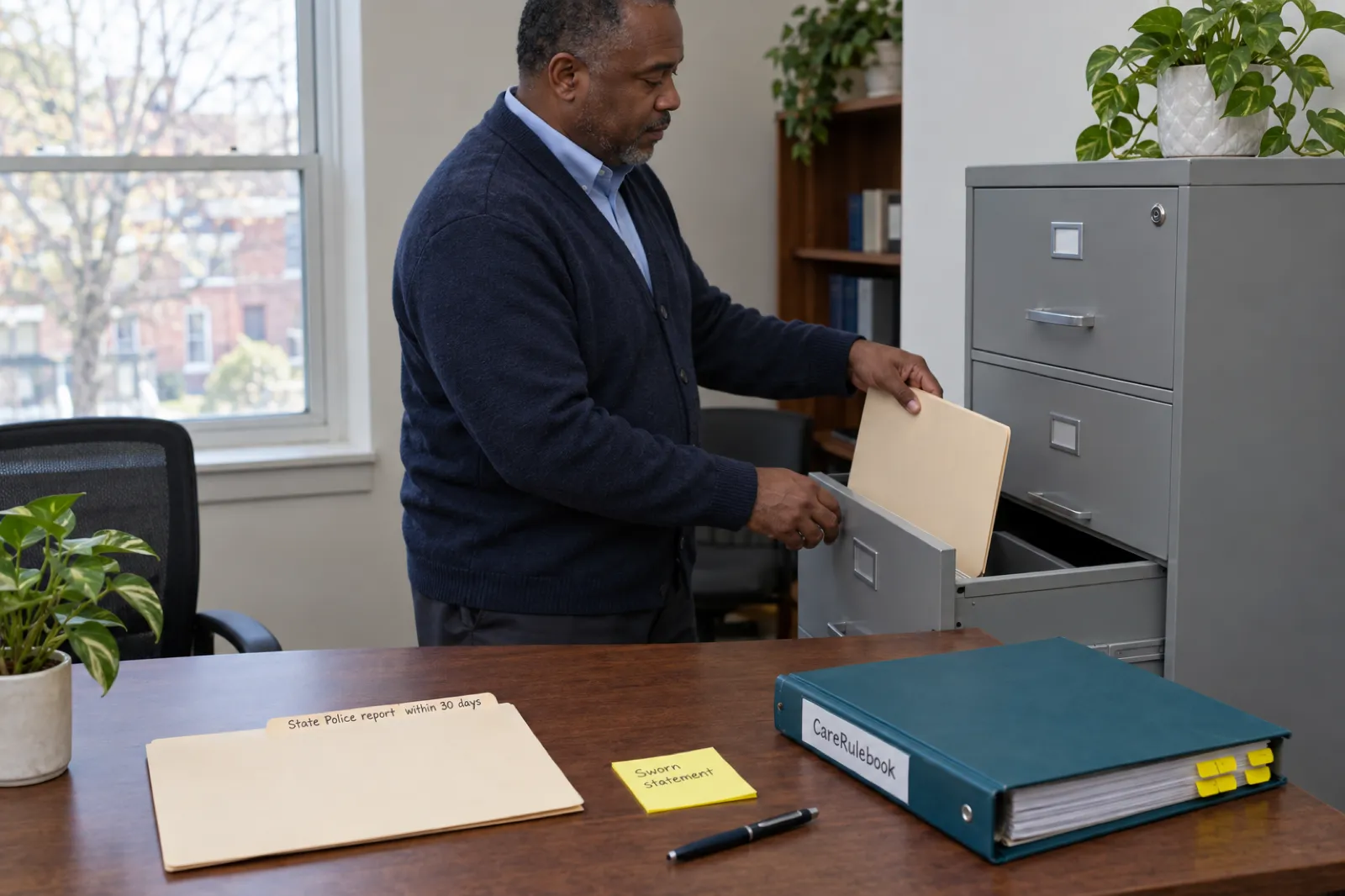 A home care administrator files a personnel folder in a locking cabinet, beside a folder labelled State Police report within 30 days, a sticky note reading Sworn statement and a CareRulebook binder
