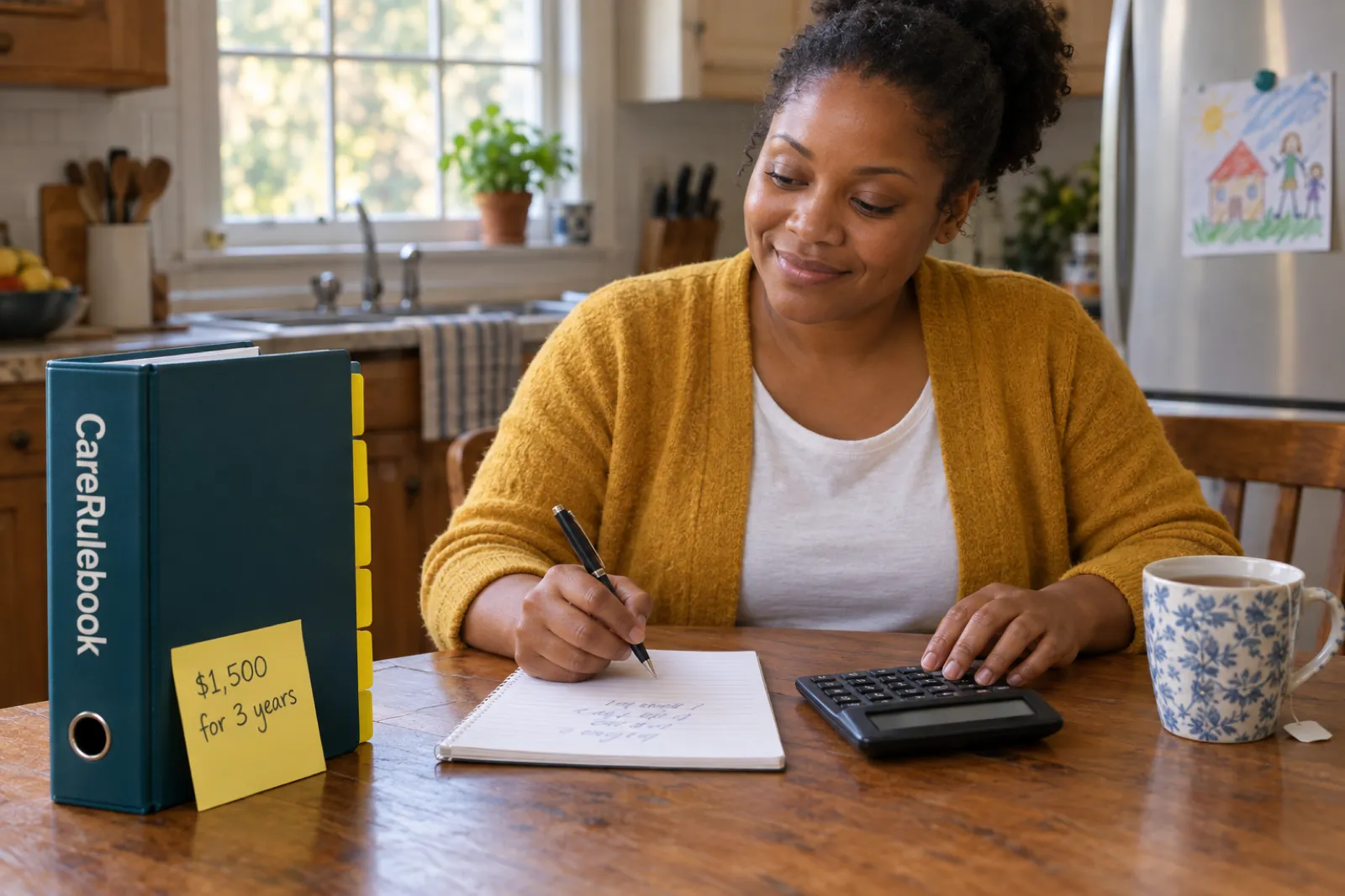 A home care founder works through her start-up budget at a kitchen table with a calculator and notepad, beside a CareRulebook binder with a sticky note reading $1,500 for 3 years