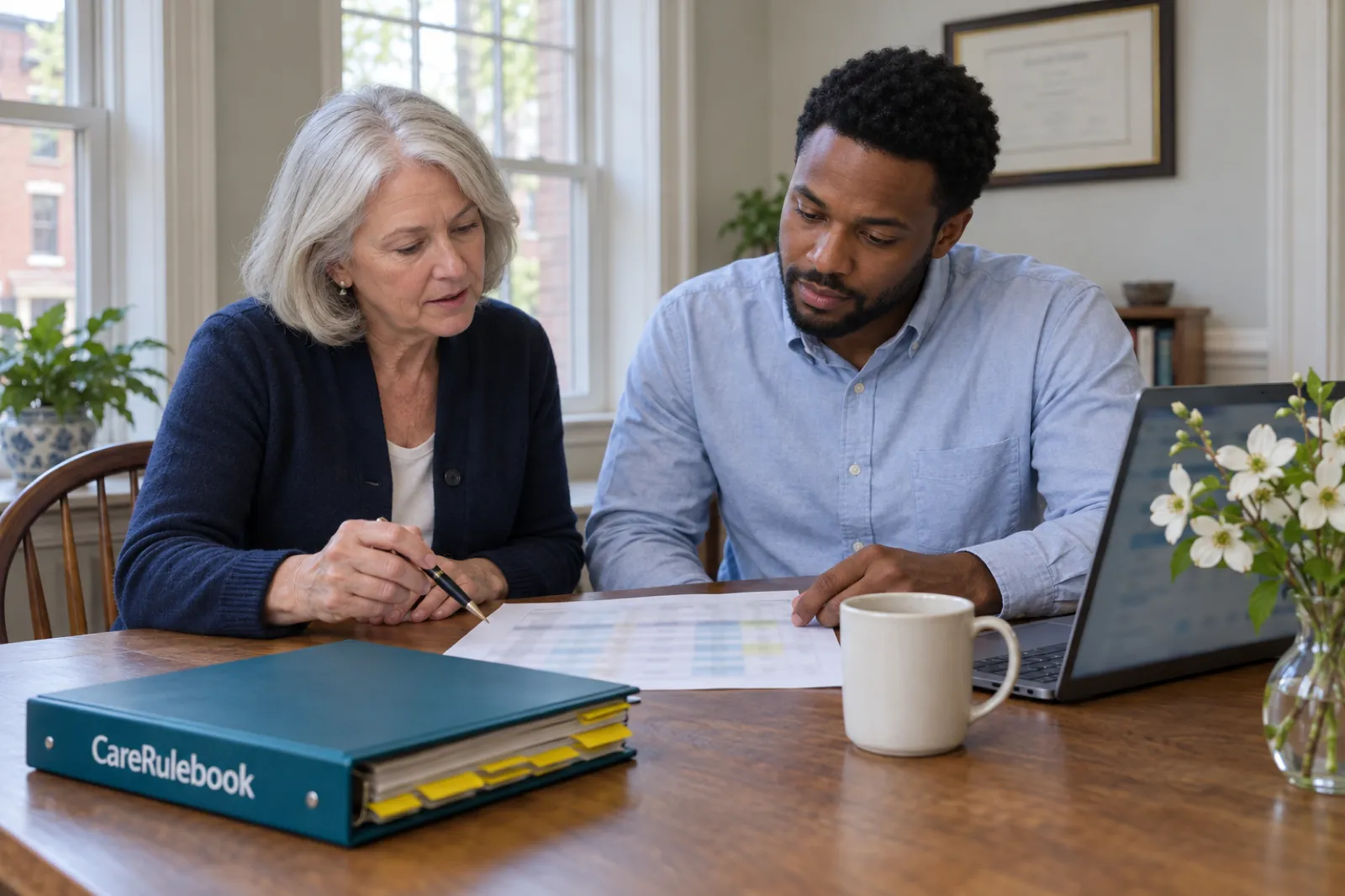 Two co-founders of a Virginia home care agency, one a retired nurse, review a staffing schedule beside a CareRulebook binder