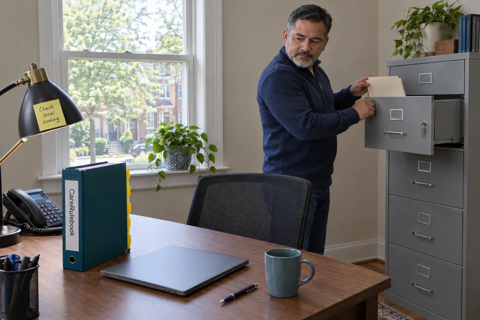 A home care founder files a folder in a locked metal cabinet in his spare-room office in a Virginia townhouse, beside a CareRulebook binder and a sticky note reading Check local zoning