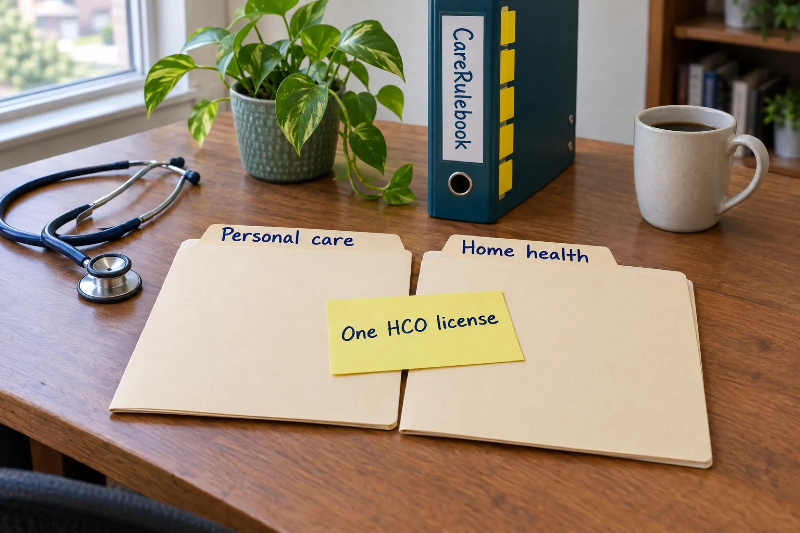 Two folders labelled Personal care and Home health joined by a sticky note reading One HCO license, beside a stethoscope and a CareRulebook binder