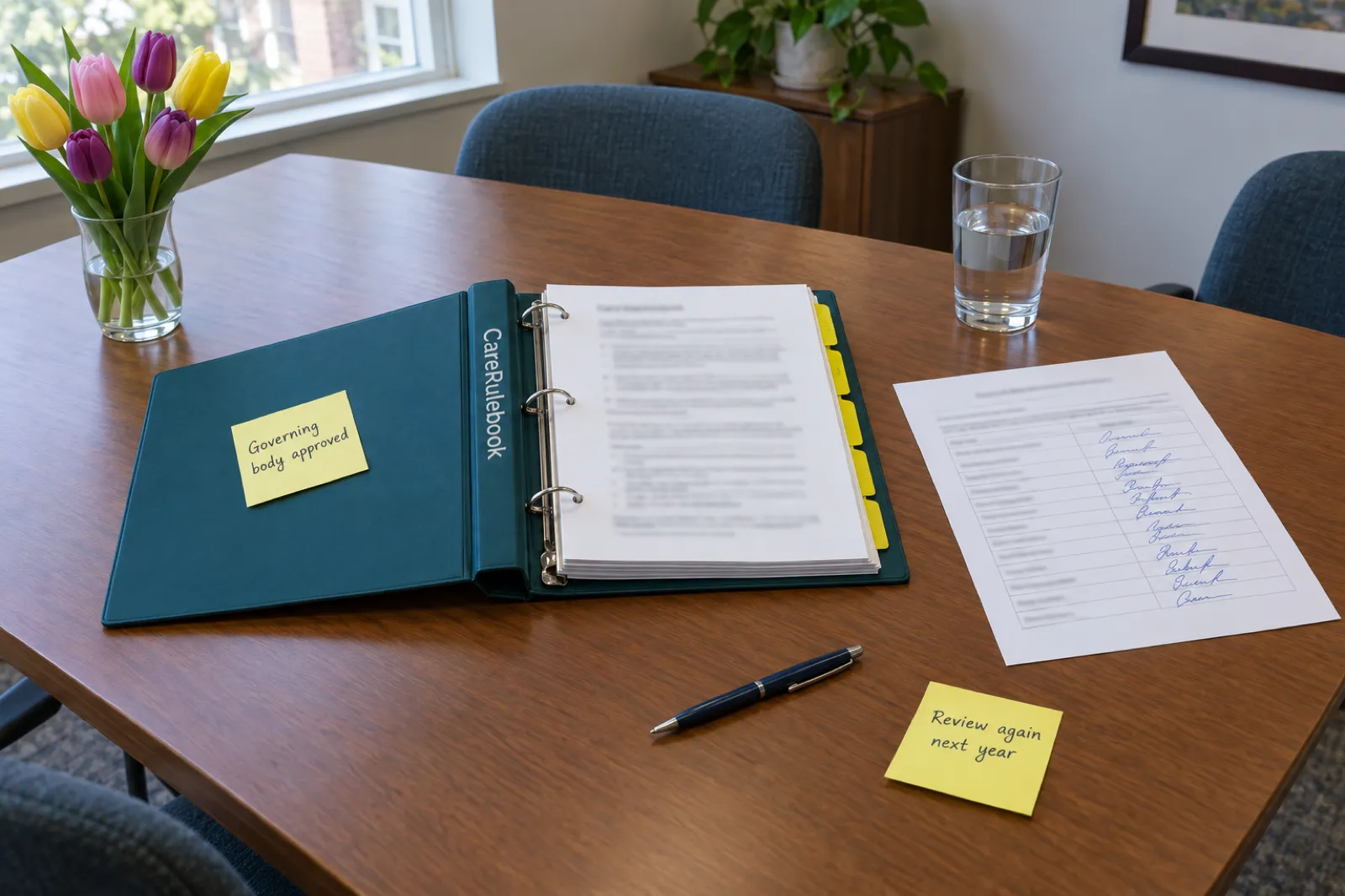 An open CareRulebook policy binder with a sticky note reading Governing body approved, beside a signed sign-off sheet and a note reading Review again next year