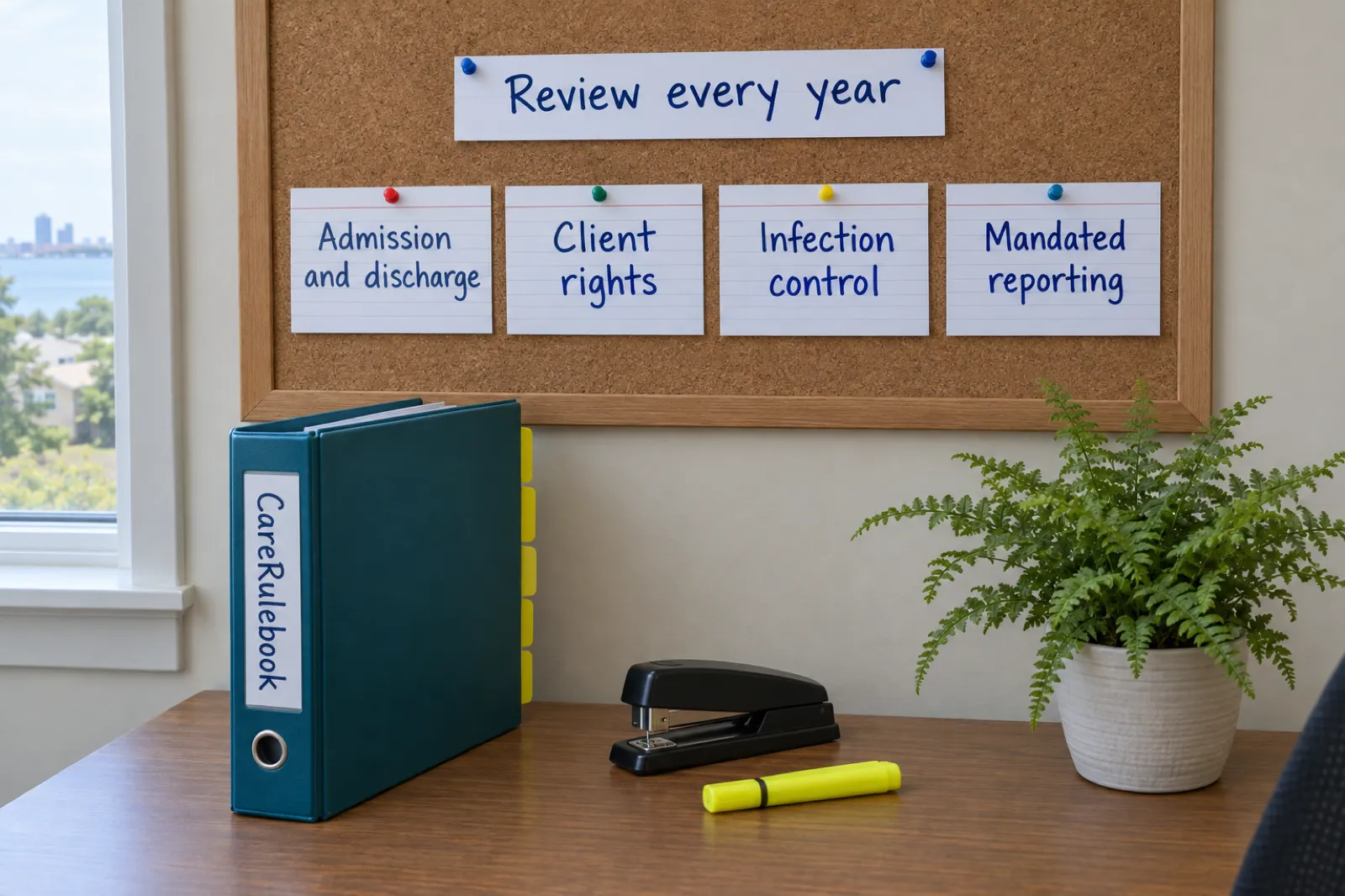 A cork board with index cards reading Admission and discharge, Client rights, Infection control and Mandated reporting under a card reading Review every year, above a CareRulebook binder