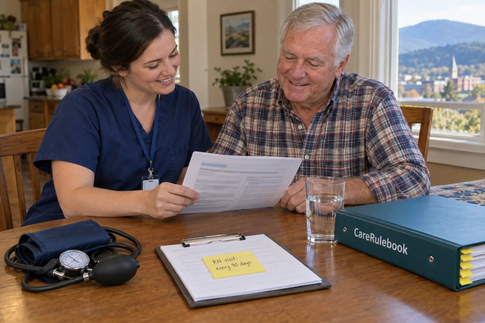A registered nurse reviews a care plan with an older client at his kitchen table, beside a clipboard with a sticky note reading RN visit: every 90 days and a CareRulebook binder