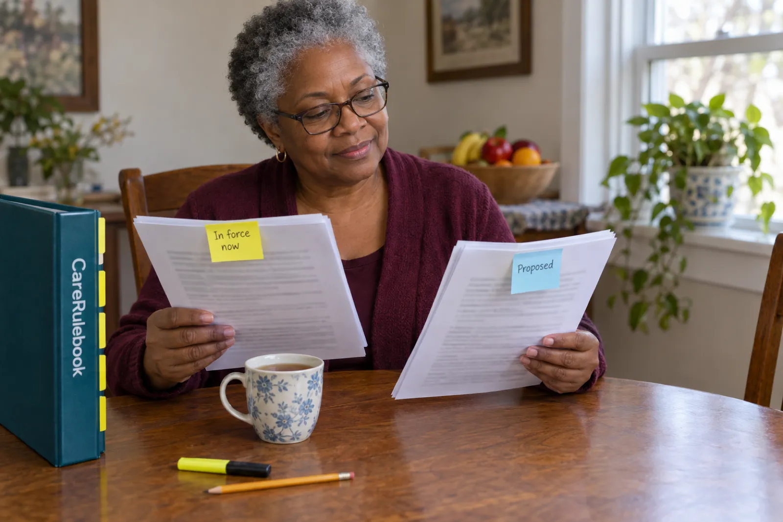 A Virginia home care owner at her dining table compares two stacks of printed pages, one with a sticky note reading In force now and the other Proposed, next to her CareRulebook binder