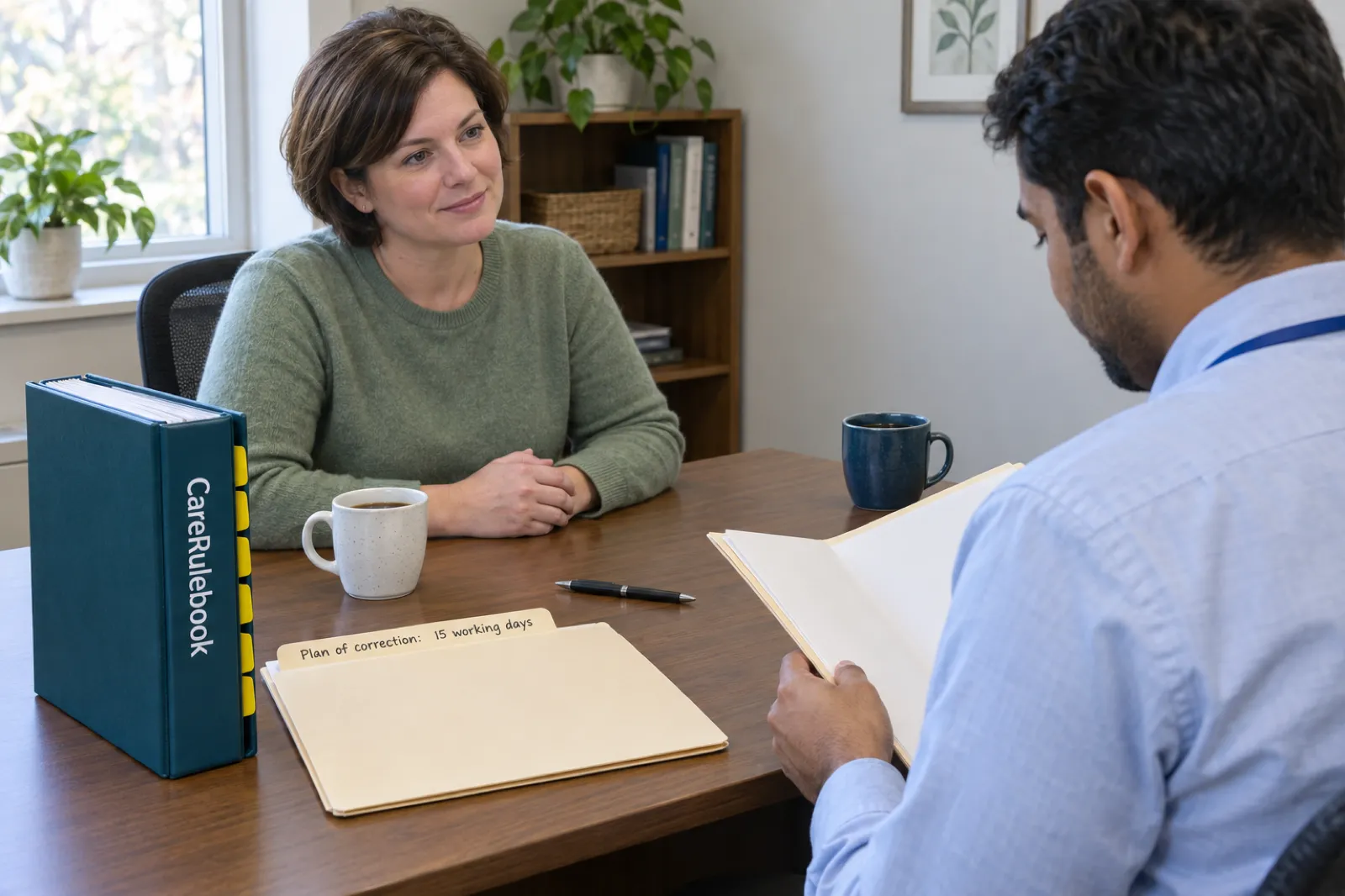 A home care administrator talks calmly with a state inspector who is reading a client record, with a CareRulebook binder and a folder labelled Plan of correction: 15 working days on the desk