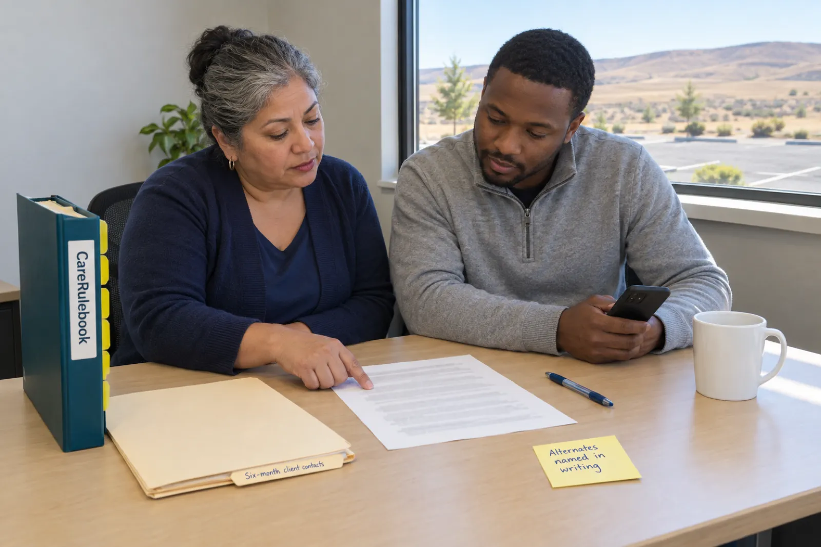 A woman with grey-streaked hair in a navy cardigan and a man in a grey quarter-zip sweater holding a phone read a printed page together at a desk beside a CareRulebook binder, a folder tabbed Six-month client contacts and a sticky note reading Alternates named in writing, with dry hills outside the window