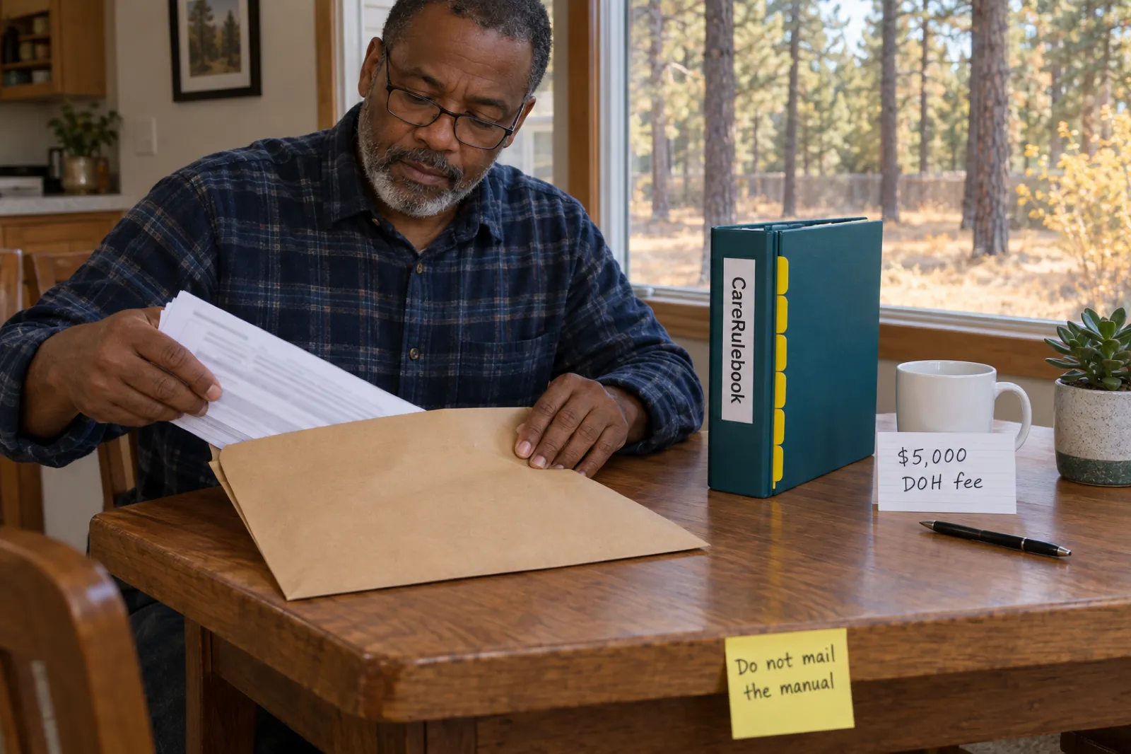 A man in a navy flannel shirt slides printed forms into a large brown envelope at a kitchen table, beside a CareRulebook binder, an index card reading $5,000 DOH fee and a sticky note reading Do not mail the manual, with ponderosa pines outside the window