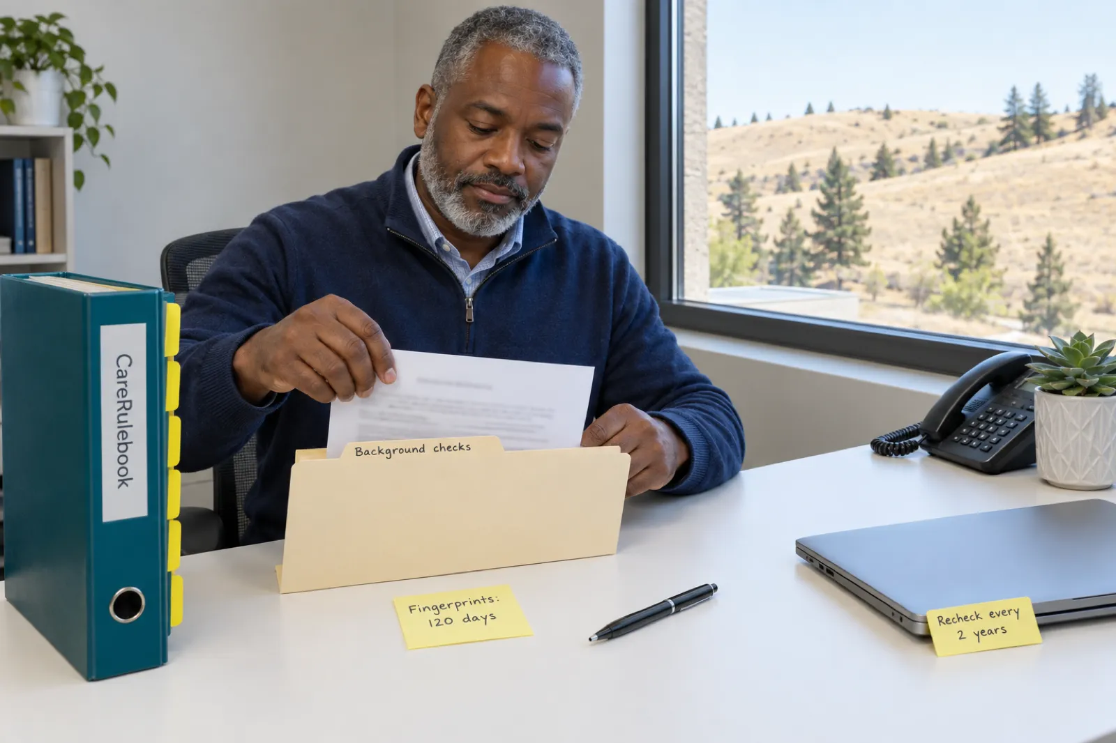 A man in a navy sweater files a printed page into a folder labelled Background checks, beside a CareRulebook binder, a sticky note on the desk reading Fingerprints: 120 days and one on a closed laptop reading Recheck every 2 years, with a dry hillside and pine trees outside the window