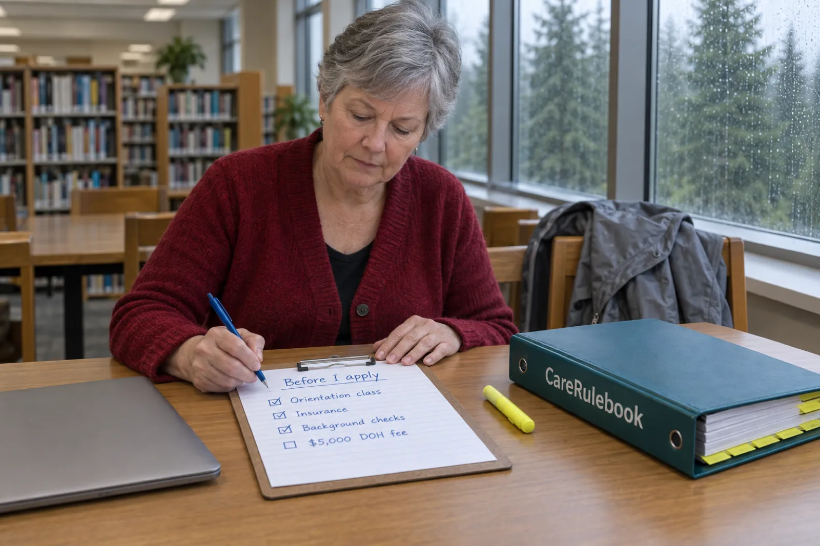 A woman in a red cardigan ticks a handwritten list headed Before I apply, reading Orientation class, Insurance, Background checks and $5,000 DOH fee, beside a CareRulebook binder at a library table, with rain on the window and fir trees outside