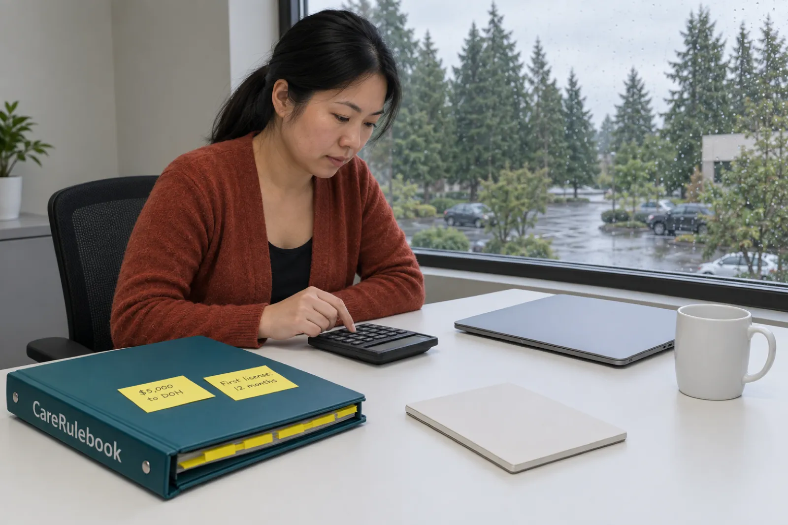 A woman in a rust cardigan works on a calculator at a white desk in a small office, beside a CareRulebook binder with sticky notes reading $5,000 to DOH and First license: 12 months, a face-down notepad, a closed laptop and a mug, with rain on the window and evergreen trees outside
