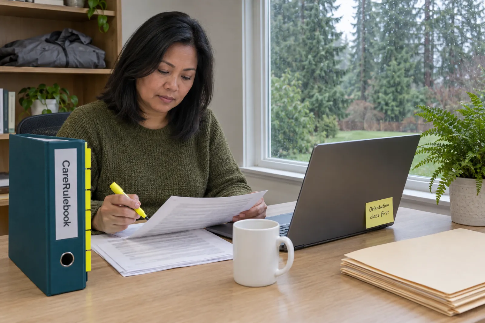 A woman in a green sweater highlights a printed page at a desk beside a CareRulebook binder and a laptop with a sticky note reading Orientation class first, with fir trees outside a rain-dotted window