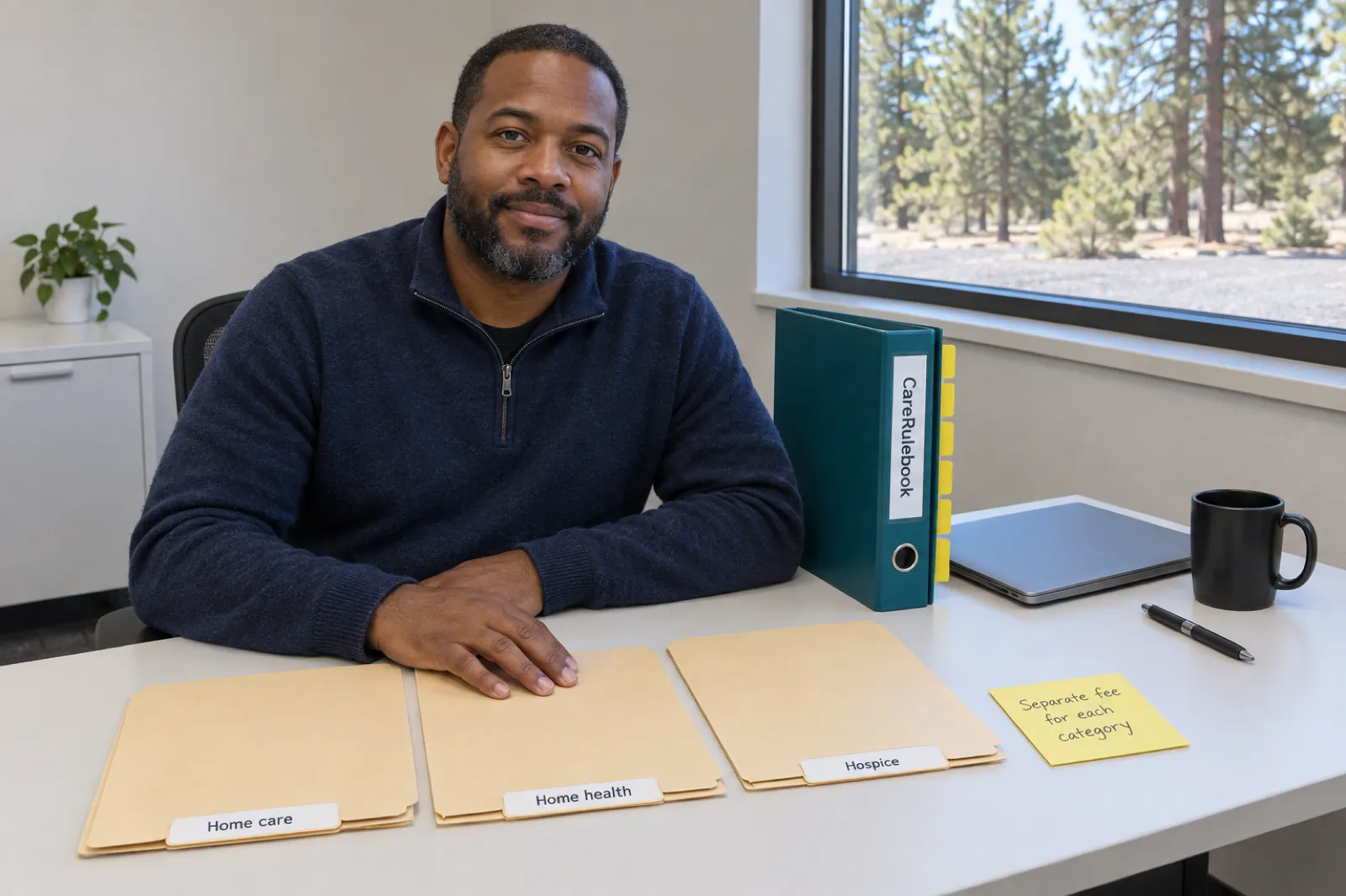 A man in a navy quarter-zip sweater sits at a desk with his hand on three manila folders labelled Home care, Home health and Hospice, a sticky note reading Separate fee for each category, and a CareRulebook binder, with pine trees outside the window