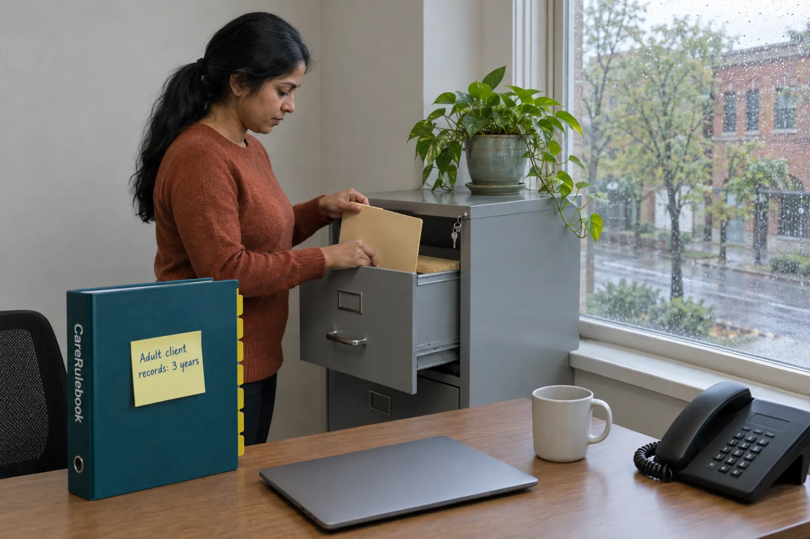 A woman in a rust-colored sweater files a manila folder into an open grey filing cabinet with a key in its lock, beside a desk with a CareRulebook binder carrying a sticky note reading Adult client records: 3 years, a closed laptop and a desk phone, with rain on the window