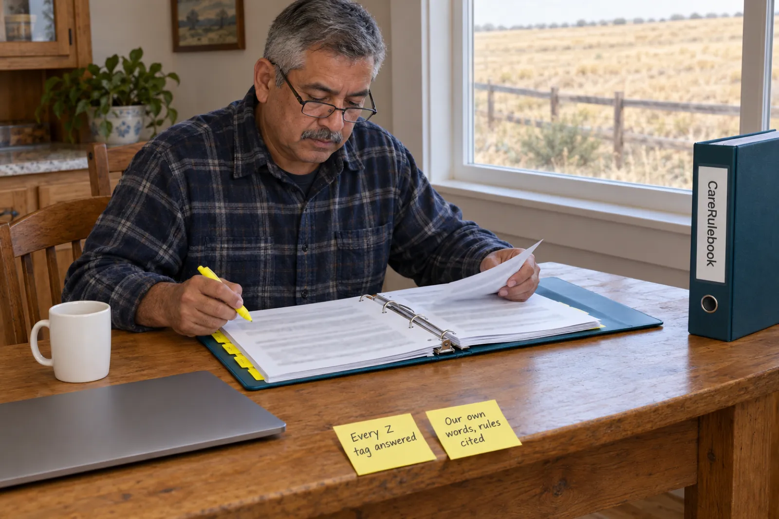 A man in reading glasses and a navy flannel shirt highlights pages in an open teal binder at a kitchen table, with a CareRulebook binder standing at the end of the table and two sticky notes reading Every Z tag answered and Our own words, rules cited, beside a window onto a dry field and a wooden fence