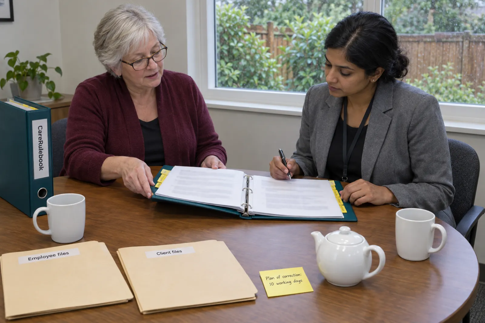 An agency owner with silver hair slides an open binder across a meeting table to a visiting reviewer, beside a CareRulebook binder, folders labelled Employee files and Client files, and a sticky note reading Plan of correction: 10 working days