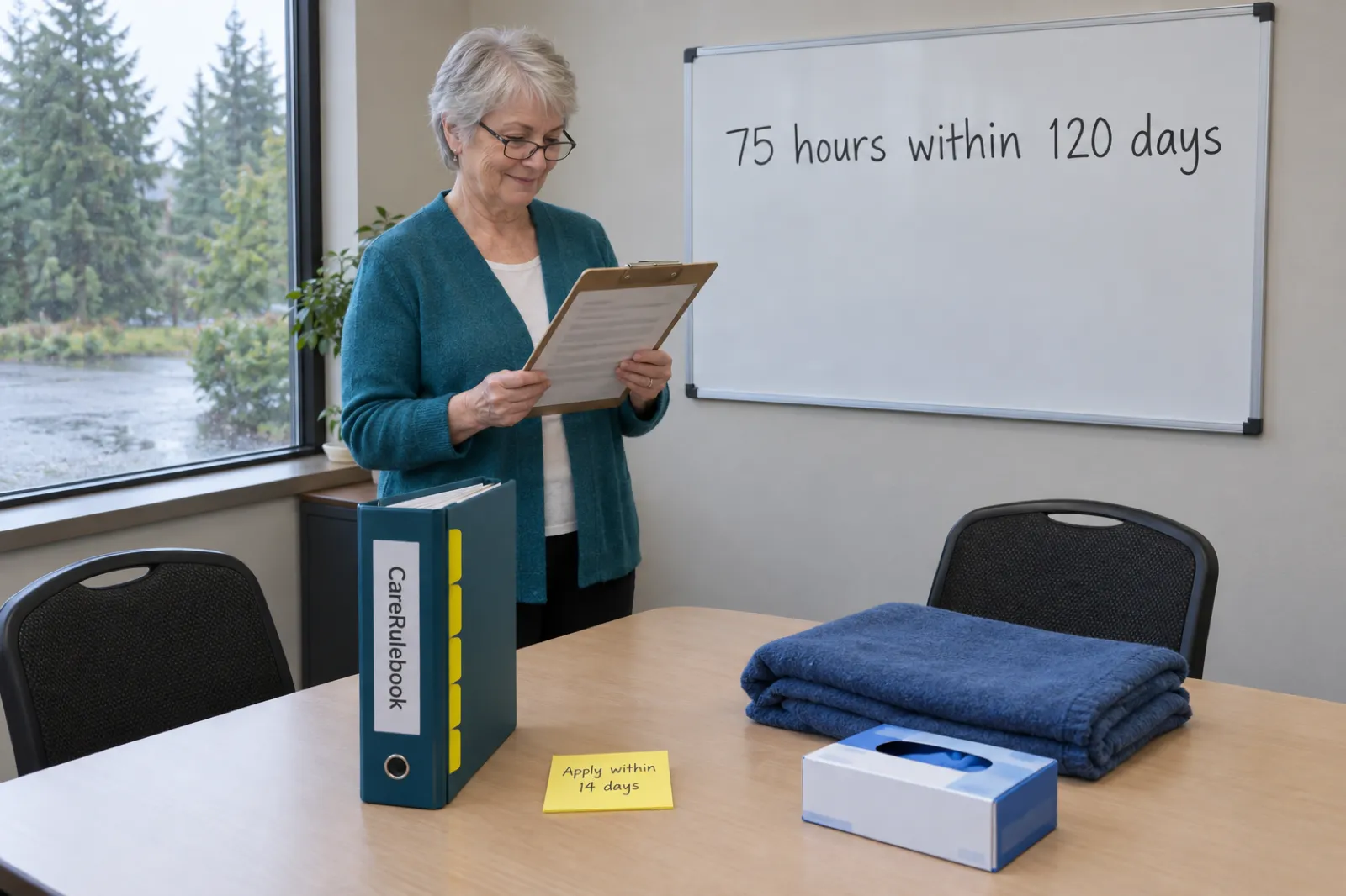 A woman with silver hair in a teal cardigan reads a clipboard in a small training room beside a whiteboard reading 75 hours within 120 days, with a CareRulebook binder, a sticky note reading Apply within 14 days, a box of gloves and a folded blanket on the table
